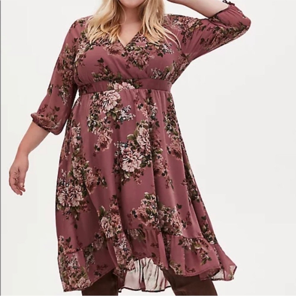 Torrid Mauve Floral Print Crossover Front Chiffon 3/4 Sleeve Midi Dress 5X NEW